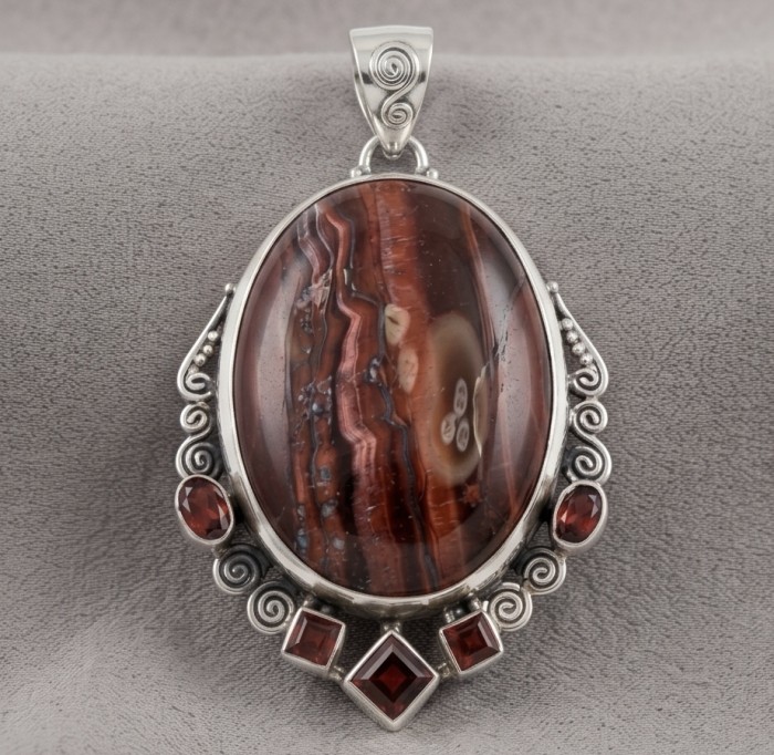Incredible quality Silky Golden Tigers Eye .925 Sterling Silver handmade Pendant - Pendant with tiger's eye and garnet stones, front view.