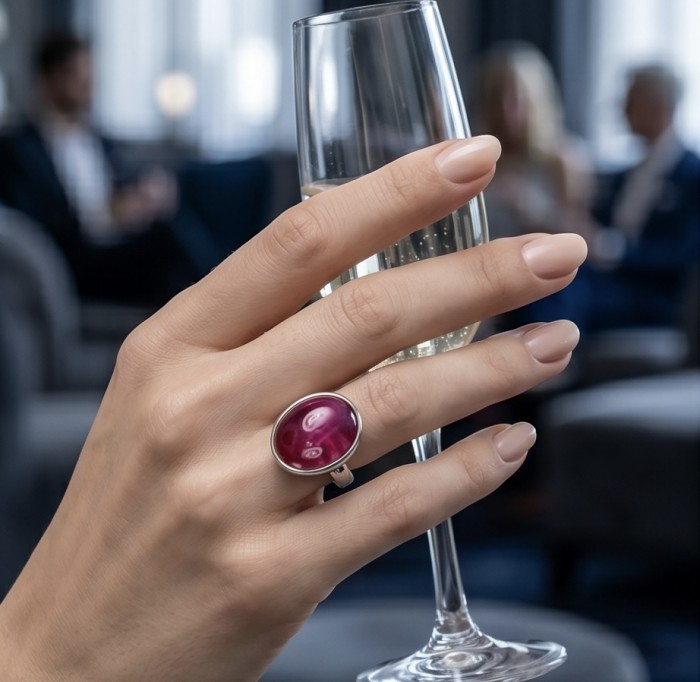 Bella Rosa Genuine 10.5 CARAT Star Ruby rhodium over .925 Sterling Silver Statement Ring size 6 - Star Ruby ring worn on hand with champagne glass in background.