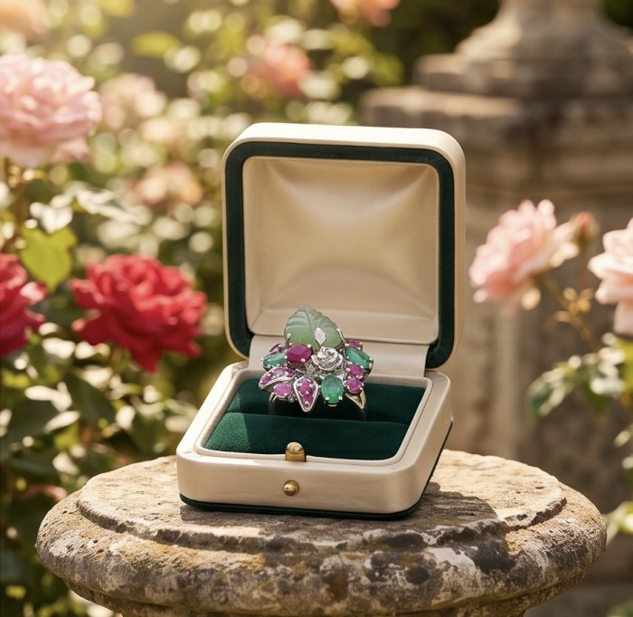 Large Natural 21.5 carat carved Green Amethyst .925 Sterling Silver handcrafted ring size 7 1/2 - Ring in open box with green amethyst and pink stones, roses in background