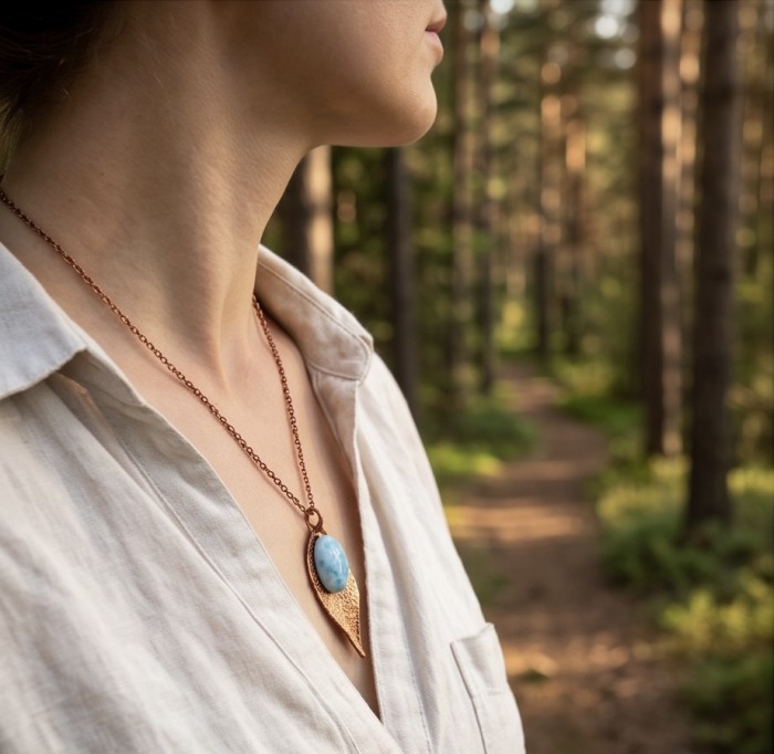Stylish REAL Leaf dipped in gold REAL Larimar stone .925 Sterling Silver Pendant - Side view of gold-dipped leaf necklace with Larimar stone worn in forest.