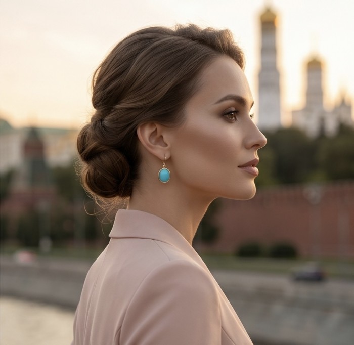 Great authentic Sleeping Beauty Turquoise 18K Gold over .925 Sterling Silver handcrafted Earrings - Side view of turquoise earrings in profile, worn by a brunette woman.