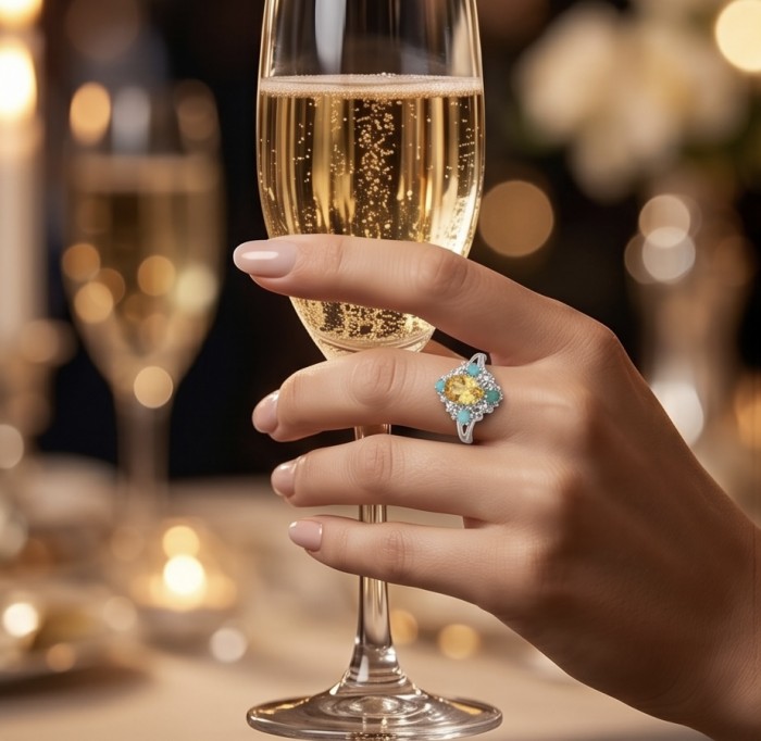 4.2 carat Brazilian Citrine Emerald rhodium over .925 Sterling Silver handcrafted ring; s. 6 - Hand wearing 4.2 carat Brazilian Citrine Emerald ring holding champagne.