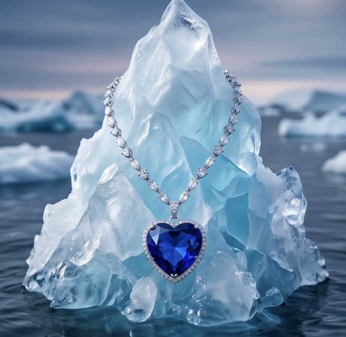 Titanic - Heart of The Ocean Necklace ~ 24.5 Ct Blue Sapphire Necklace In 925 Sterling Silver necklace - Heart of The Ocean necklace on ice backdrop, full front view.