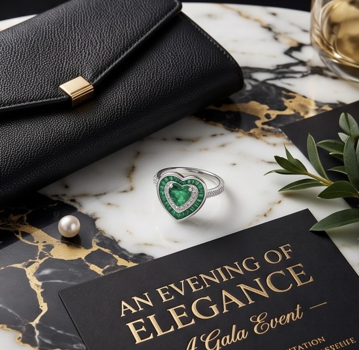 Art deco - My Sweet Heart Natural 4.8 carat Colombian Emerald .925 Sterling Silver Handcrafted Cocktail Ring s. 7 - Heart-shaped emerald ring on marble with black clutch and gala invite.