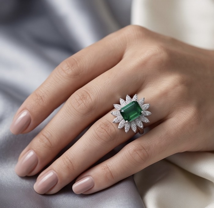 Elizabeth 5.8 carat Colombian Emerald 2.3 carat Moissanite .925 Sterling Silver dipped in Rhodium handcrafted Ring size 7 1/4 - Hand wearing Elizabeth ring with emerald and moissanite stones