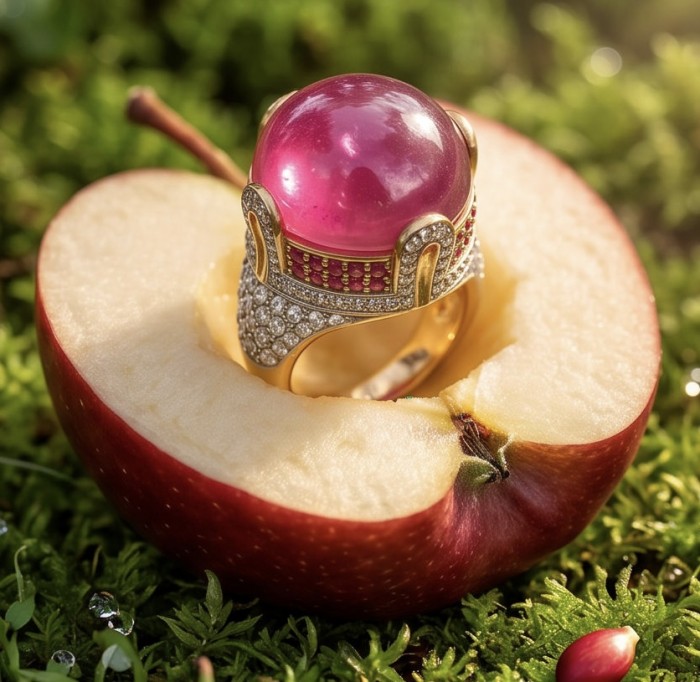 Scarlett 19.7 ctw Mozambique Ruby .925 Sterling Silver dipped in 22K WHITE Gold handcrafted Statement Ring size 7 - Ruby ring on apple, stone close-up, outdoor setting.