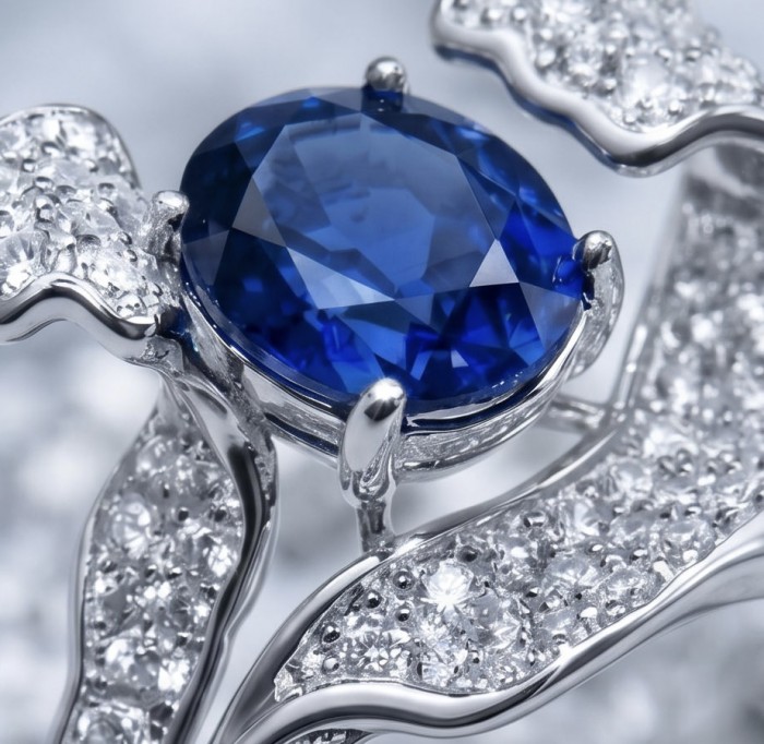 Julietta floral design 7.5 carat Sapphire .925 Sterling Silver handmade Statement ring size 6 - Close-up of Julietta floral 7.5 carat Sapphire in .925 Sterling Silver.