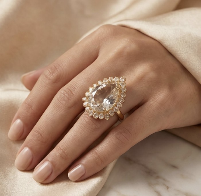 Massive Authentic pear cut 35.2 carat White Topaz 18K Gold over .925 Sterling Silver ring s. 8 - Pear-cut 35.2 carat white topaz ring worn on hand