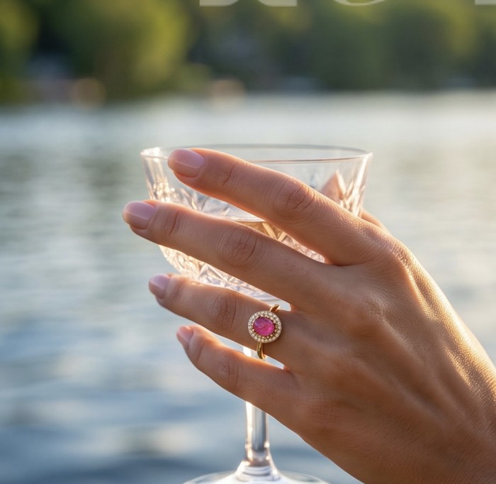 Blooming Garden 3.8 carat Mozambique Ruby rhodium over .925 Sterling Silver handmade Statement Ring size 7 - Ruby ring worn on hand, holding a glass, water background