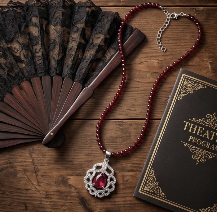 Serafina - Magnificent Jewel 4.8 carat Ruby .925 Sterling Silver handcrafted incredible Statement Necklace - Necklace with ruby pendant, lace fan, and theater program on wood table.