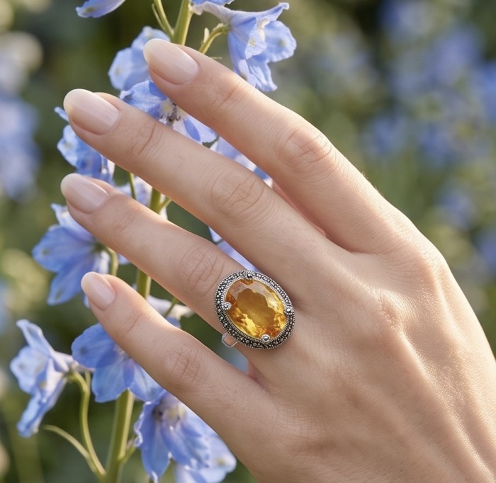 Authentic oval cut 31.2 carat Golden Topaz rhodium over .925 Sterling Silver ring s. 8 - Golden Topaz ring, oval-cut, worn on hand among blue flowers.