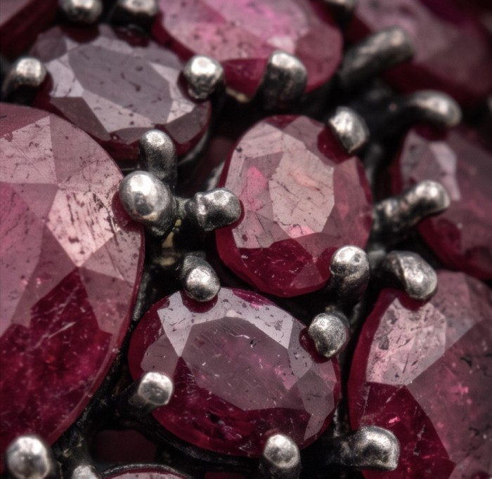 Giovanna 26.4 carat authentic Mozambique Ruby black rhodium .925 Sterling Silver handmade Pendant - Close-up of Mozambique ruby gemstones in black setting