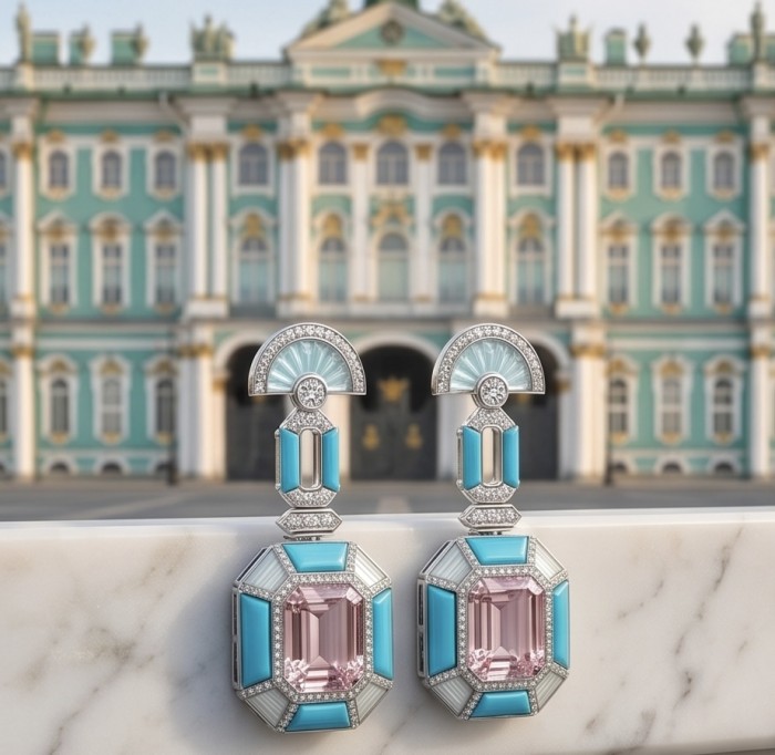 Emily - Art Deco - Precious genuine 12.2 carat Kunzite inlay Turquoise .925 Sterling Silver handcrafted earrings - Front view of Art Deco earrings with Kunzite and turquoise inlay.