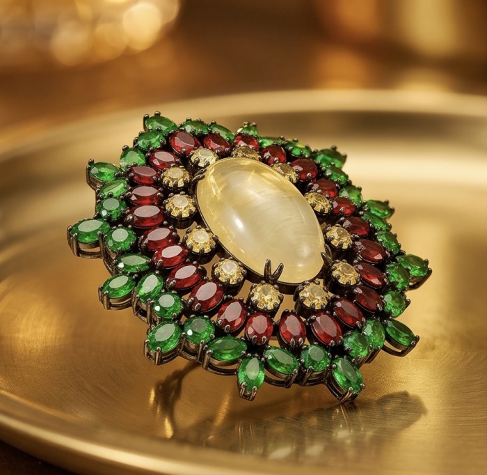 Giovanna 32.2 carat Golden Rutilated Quartz black rhodium over .925 Sterling Silver handmade Pendant - Brooch - Close-up of Giovanna brooch with golden quartz and colored gemstones