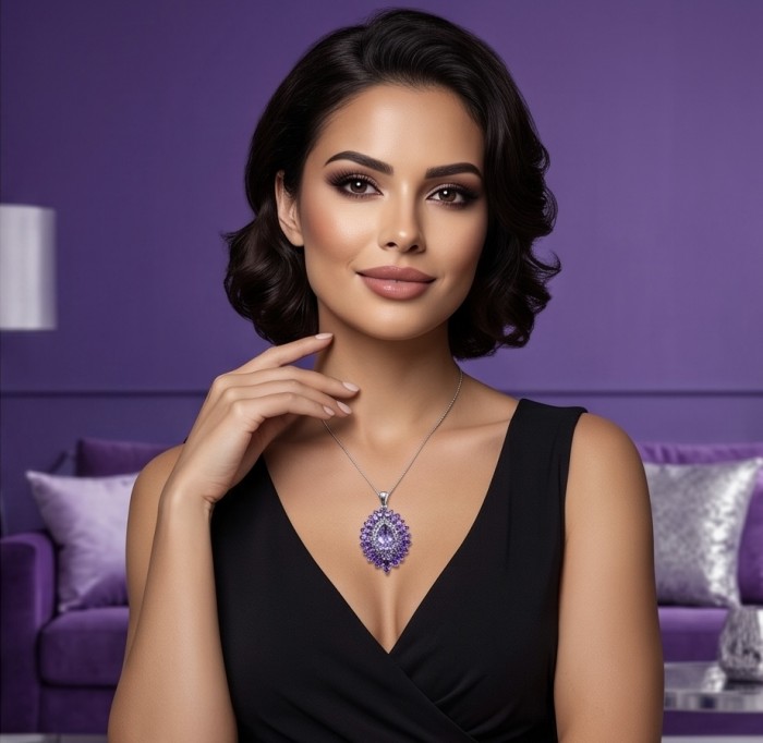 Divine Protection 18.8 carat Precious Amethyst .925 Sterling Silver dipped in rhodium handcarfted Pendant - Model wearing Divine Protection Amethyst Pendant, front view.