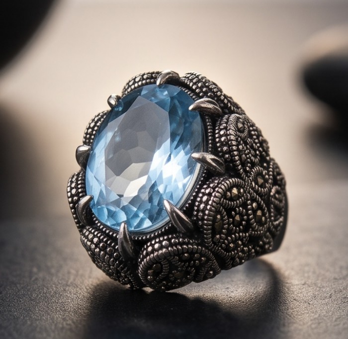 Massive Deep Blue 22.8 carat Aquamarine Marcasite .925 Sterling Silver handcrafted ring size 7 - Close-up of massive deep blue aquamarine ring with marcasite details.