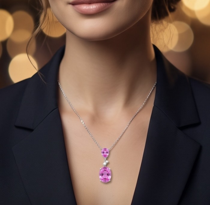 Incredible oval cut 18.8 carat Bubblegum Pink Sapphire .925 Sterling Silver handcrafted pendant - Necklace with oval pink sapphire pendant worn on neck