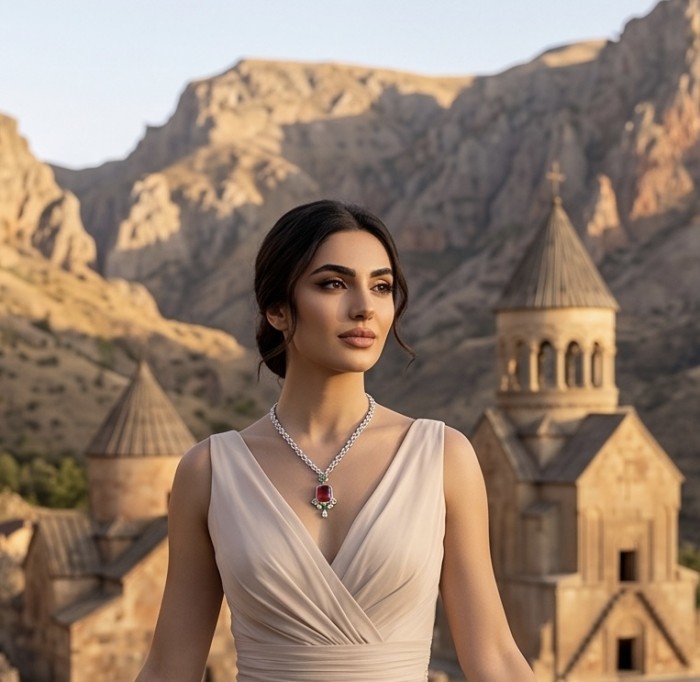 Luxurious 12.9 carat natural Mozambique Ruby rhodium over .925 Sterling Silver .925 Sterling Silver Statement Necklace - Woman wearing Mozambique Ruby necklace in scenic backdrop.