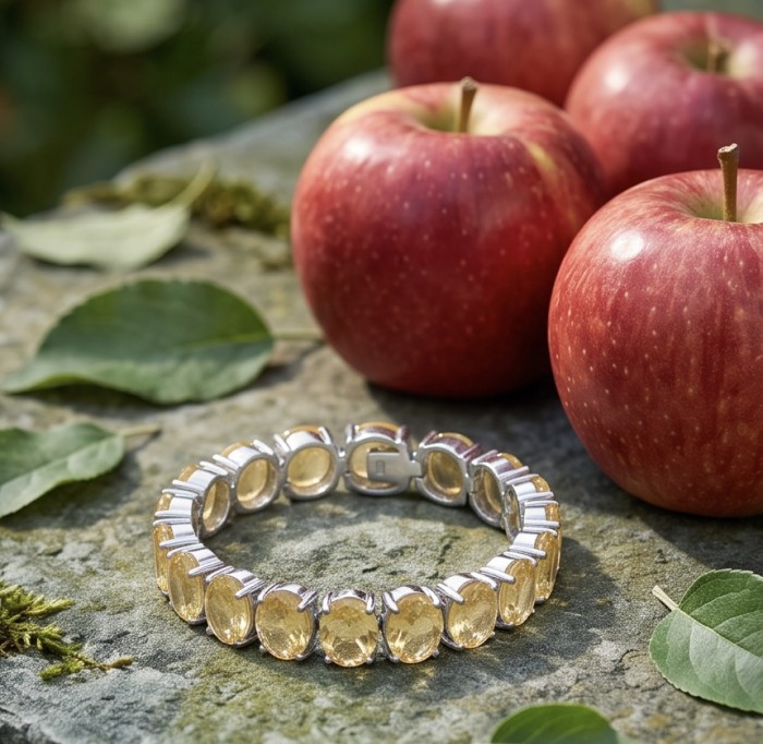 Enchanted Beauty oval cut 68.5 carat authentic Brazilian Citrine rhodium over .925 Sterling Silver handcrafted Bracelet - Oval citrine bracelet on stone with apples and leaves in background