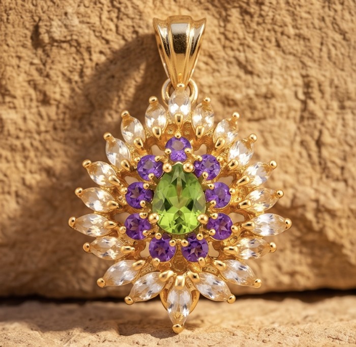 Paloma Authentic 22.2 carat Peridot from Arizona 18k GOLD OVER .925 Sterling Silver handmade Statement pendant - Pendant close-up with peridot, amethyst, and diamonds in gold setting