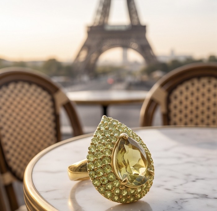 Victoria Authentic 18.5 carat Brazilian Citrine .925 Sterling Silver brilliantly dipped in 18k Gold handcrafted Statement ring; s. 6 1/2 - Close-up of Victoria Authentic Citrine ring on a café table near Eiffel Tower