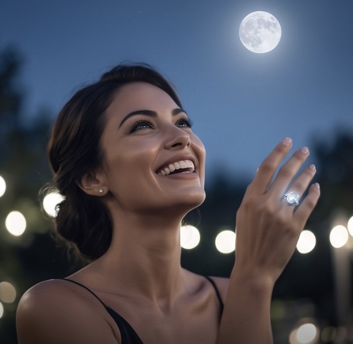Ice 11.8 carat White Topaz .925 Sterling Silver dipped in rhodium handcrafted ring size 6 1/4 - Woman wearing Ice 11.8 carat White Topaz ring, night sky backdrop.