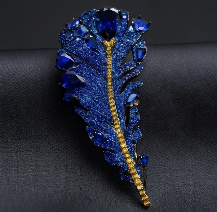 Magic Blue Feather Large 10.8 carats pave Sapphire .925 Sterling Silver DIPPED IN RHODIUM handmade Pendant - Brooch - Close-up of Magic Blue Feather brooch with sapphire pavé detailing