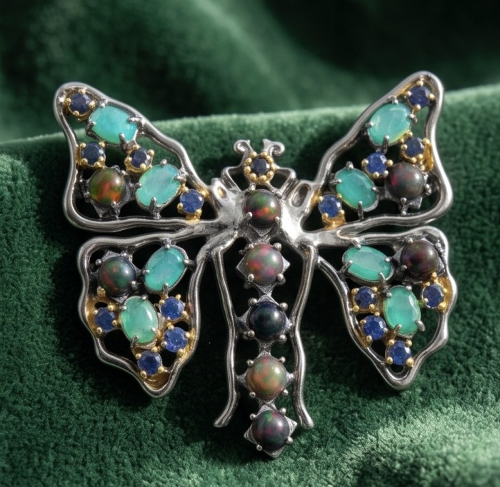 Incredible Butterfly Natural Black Opal Colombian Emerald 2 tones .925 Sterling Silver dippedin black rhodium handcrafted Brooch - Butterfly brooch with opals and emeralds on green velvet, front view.
