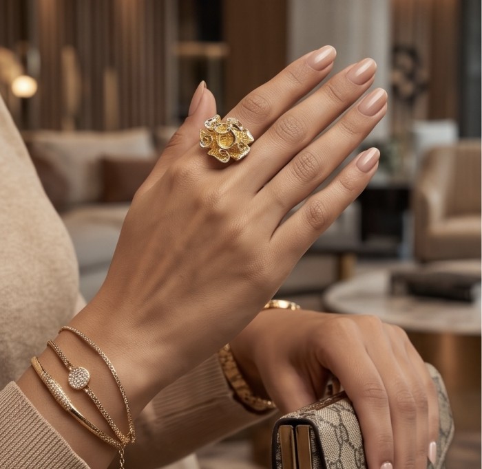 GOLDEN ROSE - Dubai Style - .925 Sterling Silver dipped in 22K Gold handmade Large ring size 9 - Golden flower ring and bracelets worn on hand in elegant setting.