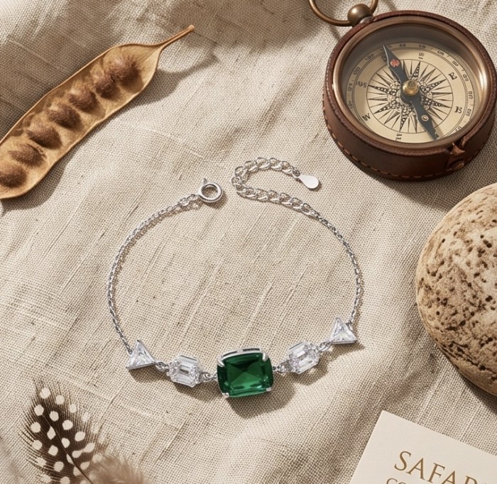 Giovanna - Authentic 7.2 carat Colombian Emerlad .925 Sterling Silver handcrafted Statement bracelet - Emerald bracelet flat lay with compass and natural elements.