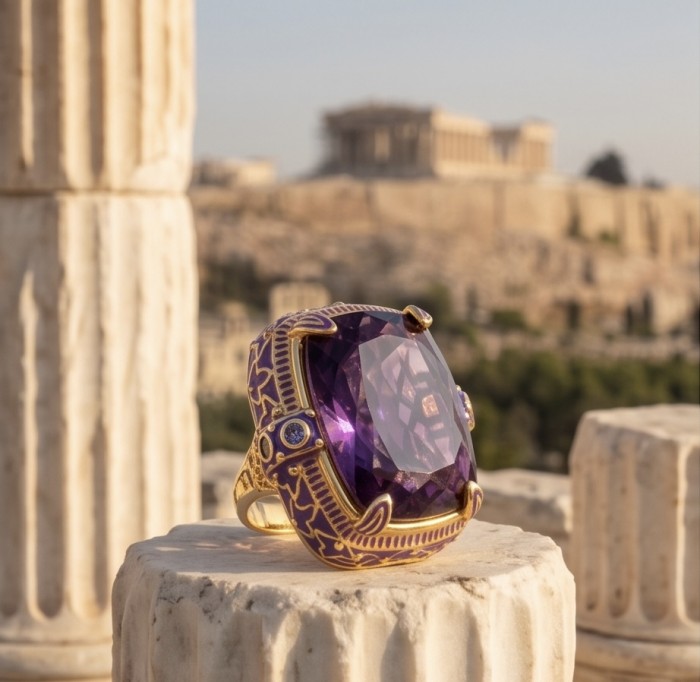 The Spirit of Athens 27.5 CARAT Amethyst Enamel .925 Sterling Silver dipped in 18K Gold Handcrafted Ring size 7 - Amethyst ring close-up on column with Athens backdrop