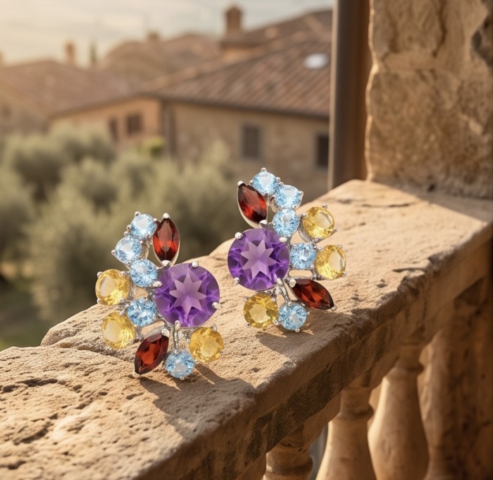 Natural 10.6 carat Fancy cut Amethyst rhodium over .925 Sterling Silver handmade earrings - Amethyst earrings on stone ledge with scenic background, close-up view