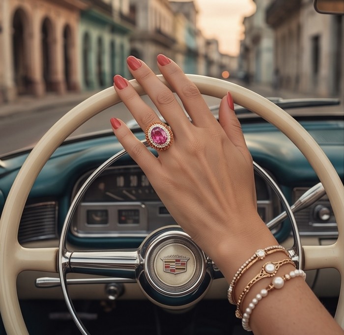 Anastasia 28.2 carat Pink Sapphire 1.8 carat Ruby 1.4 carat Moissanite .925 Sterling Silver dipped in Rhodium Handcrafted Statement Ring size 8 - Pink Sapphire and Ruby ring worn on hand, steering a vintage car