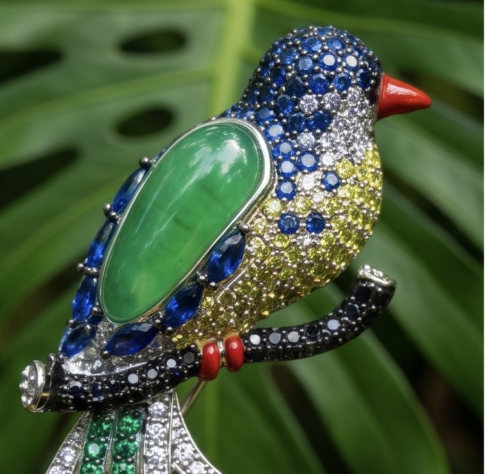 Exotic Parrot - Genuine 18.4 carat Jade from New Zealand .925 Sterling Silver dipped in rhodium handmade Pendant - Brooch - Close-up of Exotic Parrot brooch with jade and gemstones.