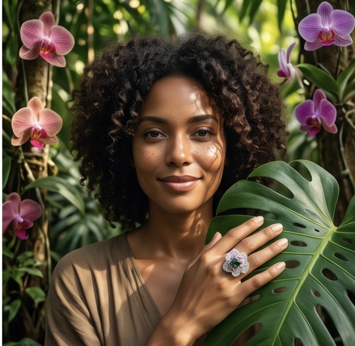 Rose Authentic 4.8 carat Emerald 1.9 carat pave Kasmir Ruby .925 Sterling Silver brilliantly dipped in rhodium 2 tones handcrafted Statement ring; s. 6 - Woman wearing Rose Authentic emerald and ruby ring, hand on leaf