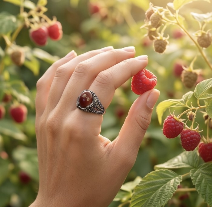 Orange Power natural Carnelian .925 Sterling Silver handmade ring s. 9 - Ring with Carnelian stone worn on hand picking raspberries.