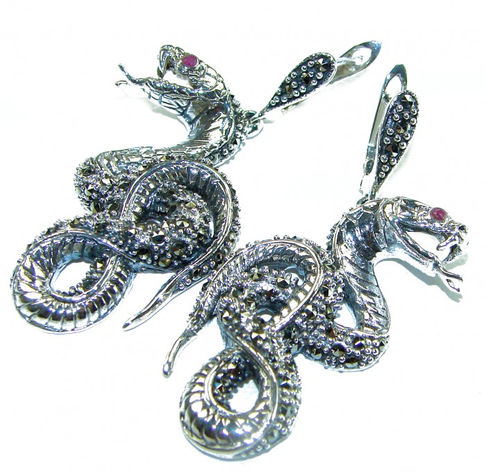 Snakes Ruby Marcasite .925 Sterling Silver handcrafted Earrings - photo 3