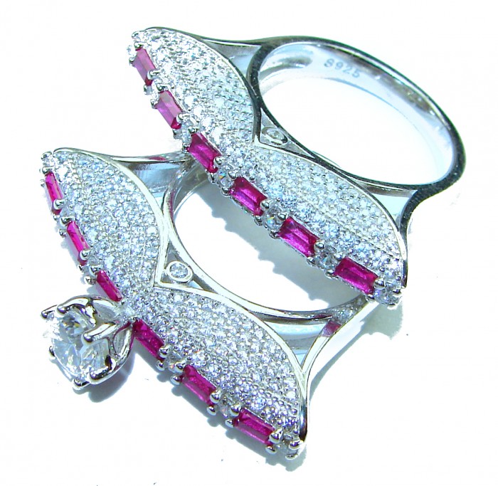 Extravaganza Large White Topaz Ruby .925 Sterling Silver brilliantly handcrafted stack up ring s. 6 3/4 - Dual ring with white topaz and ruby detail, top view.