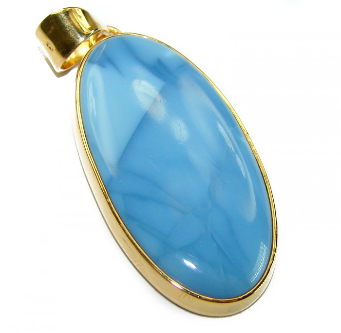 Rare - Huge Amazing Angelite 14K Gold over .925 Sterling Silver Pendant - Close-up of large blue Angelite pendant in gold and silver setting.