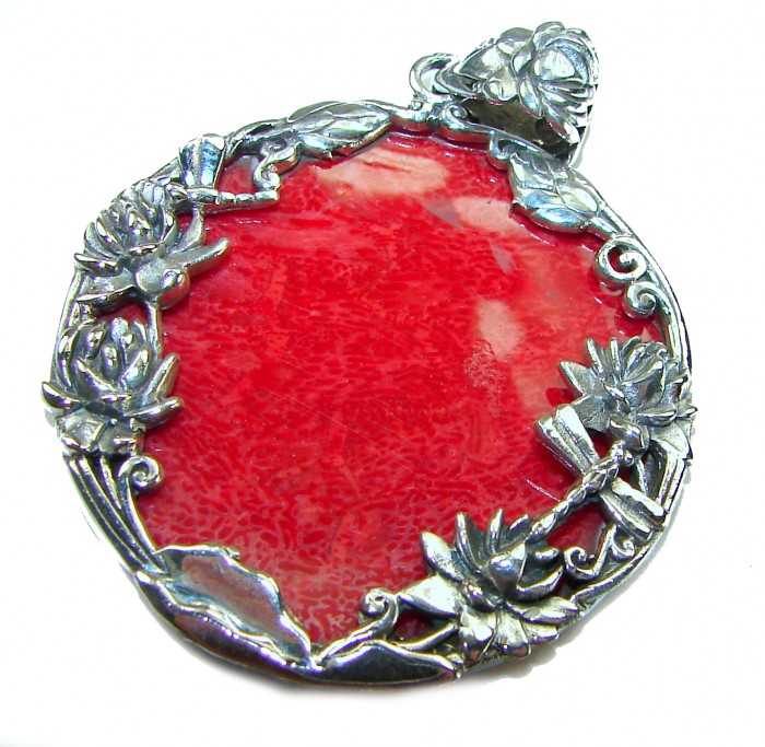 Enchanted Rose garden Authentic Coral .925 Sterling Silver handmade pendant - Red coral pendant with silver floral design, front view close-up.