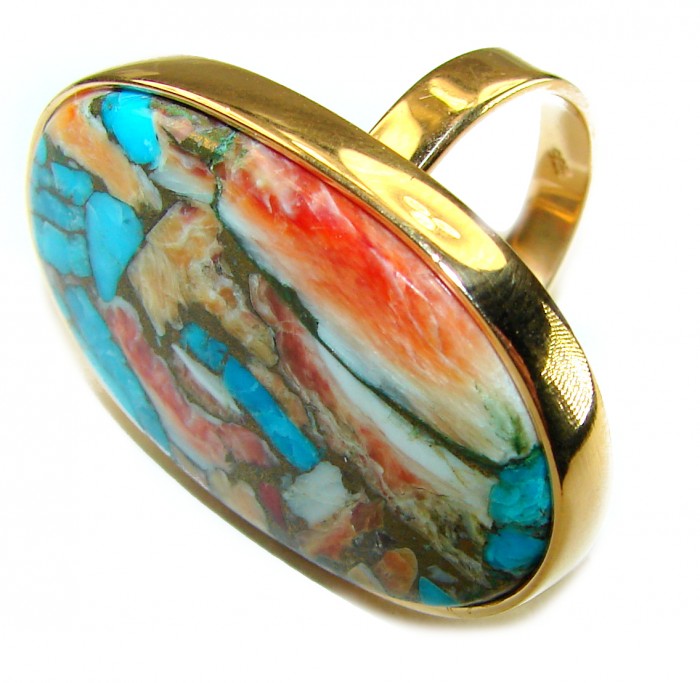 Blessed with Abundance 44.5 carat Oyster Turquoise 18K Gold over .925 Sterling Silver handcrafted Large ring; s. 9 adjustable - Close-up of 18K gold ring with 44.5 carat oyster turquoise stone