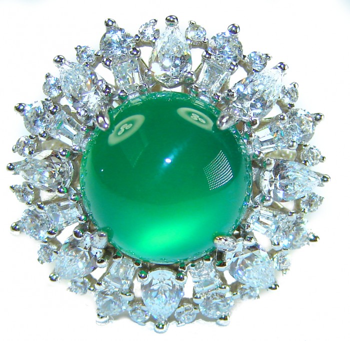 Good Fortune - Vintage Style 15.9 carat Jade .925 Sterling Silver handmade Cocktail Ring s. 6 1/4 - Close-up of vintage jade and diamond halo ring.