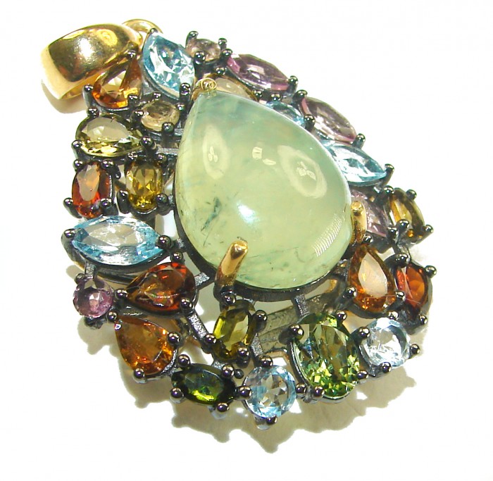 Royal quality genuine Prehnite Tourmaline 18K Gold over .925 Sterling Silver handcrafted Pendant - Prehnite Tourmaline pendant, top view, 18K gold setting.