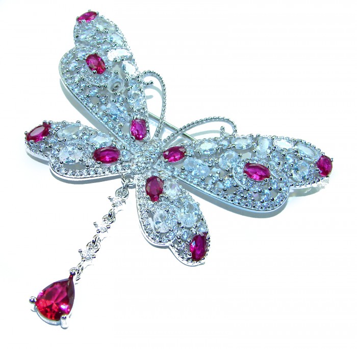 Vintage Design - Red Butterfly - Genuine 10.2 carat Ruby 14k White Gold over .925 Sterling Silver handmade Pendant Brooch - Butterfly brooch front view with red rubies and silver detailing
