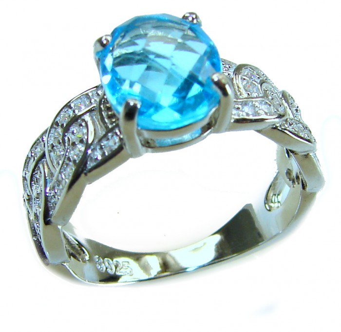 Blue Odyssey 4.5 carat authentic Swiss Blue Topaz .925 Sterling Silver handmade Statement Ring size 8 - Side view of Blue Odyssey 4.5 carat Swiss Blue Topaz ring, .925 silver.