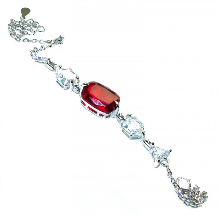9.5 carat Ruby .925 Sterling Silver handmade Statement Bracelet - Ruby and silver bracelet with chain, top view.