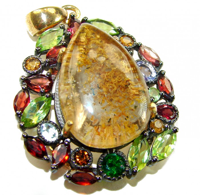 Incredible authentic Phantom Quartz .925 Sterling Silver dipped in 14K Gold handmade pendant - Close-up of colorful Phantom Quartz pendant with sterling silver setting