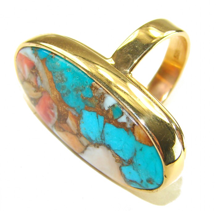Rare 29.5 carat Oyster Turquoise 18K Gold over .925 Sterling Silver handcrafted Large ring; s. 7 adjustable - Side view of rare 29.5 carat oyster turquoise ring in gold over sterling.