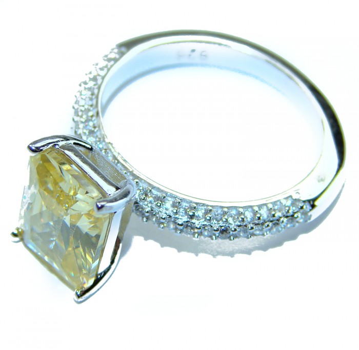 emerald cut 4.2 carat yellow Sapphire .925 Sterling Silver brilliantly handcrafted ring s. 7 1/4 - Side view of 4.2 carat yellow sapphire ring in .925 sterling silver