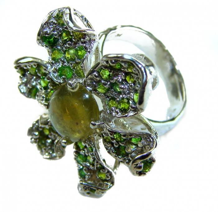 Exotica Natural 15.4 carat Green Tourmaline Tsavorite Garnet .925 Sterling Silver handmade Large Statement Ring size 7 - Close-up of Exotica ring with green tourmaline and tsavorite garnet.
